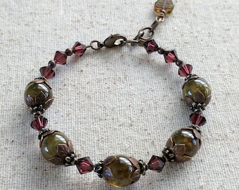 Merlot Bracelet - Green Garnet and Burgundy Crystal Vintage-Inspired Floral Gemstone Bracelet in Antiqued Brass