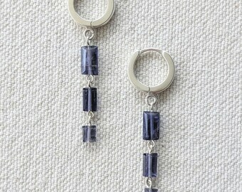 Skyline Earrings - Sterling Silver Huggie Hoop Earrings with Dangling Emerald Cut Iolite Gemstones