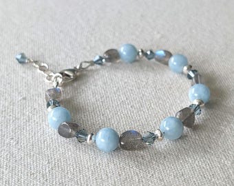 Winter's Breath Bracelet - Blue Aquamarine and Labradorite Gemstone Nugget Bracelet in Sterling Silver