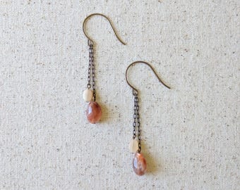 Atum Earrings - Sunstone and Moonstone Long, Elegant Dangling Gemstone Earrings in Brass or Niobium