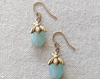 Honeybee Earrings - Cute, Dainty Seafoam Green Gemstone Earrings with Bee Charm - Chrysoprase and Gold