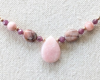 Petal Necklace - Pink Opal, Autumn Stone and Ruby Delicate Gemstone Teardrop Necklace with 14k Rose Gold Filled Chain