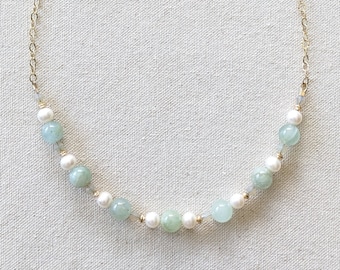 Avril Necklace - Aquamarine and Freshwater Pearl Beaded Gemstone Necklace with Hammered 14k Gold Filled Chain