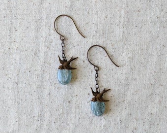 Blue Sky Earrings - Blue Kyanite Gemstone Earrings with Flying Swallow Bird Charm in Antiqued Brass or Niobium