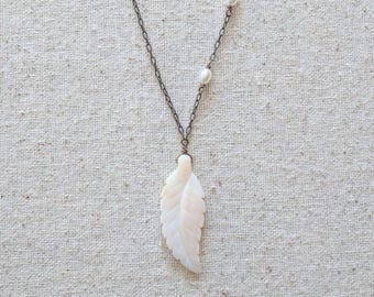 Whisper Necklace - Mother of Pearl Carved Feather Necklace with Freshwater Pearl Accents in Antiqued Brass