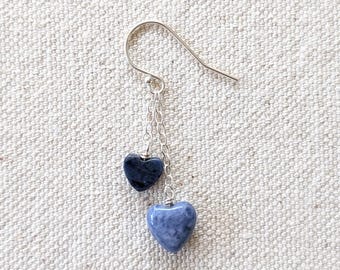 Sweet Love Earrings - Blue Sodalite and Dumortierite Dangling Gemstone Heart Earrings in Silver