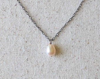 Petite Pearl Necklace - Pink Natural Freshwater Pearl Pendant on Delicate Antiqued Brass Chain