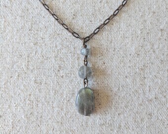 Steelhead Necklace - Gray Labradorite Tumbled Nugget Pendant on Antiqued Brass Chain