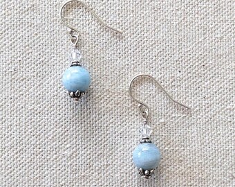 Pastille Earrings - Dainty, Round Gemstone Earrings with Blue Aquamarine and Crystal in Sterling Silver