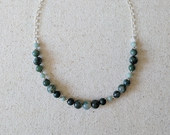 Forest of the Ocean Necklace - Green Moss Agate and Jade Gemstone Necklace with Sterling Silver Chain