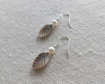 Carlsbad Earrings - Pearl and Mother of Pearl Gemstone and Shell Leaf Earrings in Sterling Silver