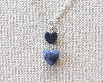 Sweet Love Necklace - Blue Sodalite and Dumortierite Gemstone Heart Pendant Necklace in Sterling Silver