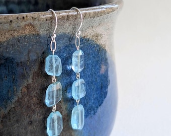 Glacial Earrings - Blue Apatite Long Sparkling faceted Gemstone Earrings in Sterling Silver
