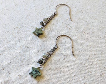 Halley Earrings - Jasper, Tourmaline and Labradorite Shooting Star Earrings in Brass or Niobium