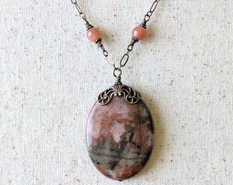 Autumn Dusk Necklace - Autumn Jasper and Peach Moonstone Delicate Gemstone Chain Necklace with Large Oval Jasper Pendant in Antiqued Brass