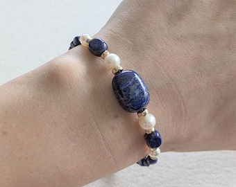 Silk Road Bracelet - Blue Lapis Lazuli Tumbled Nugget and Freshwater Pearl Gemstone Bracelet in Hammered Yellow Gold