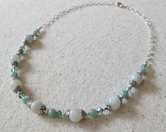 Clearwater Necklace - Natural Pale Green Jade and Crystal Elegant Gemstone Necklace with Silver Swirl Accents and Sterling Silver Chain