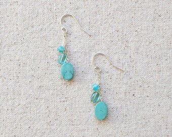 Azure Earrings - Turquoise Apatite and Amazonite Long Dangling Gemstone Cluster Earrings in Sterling Silver