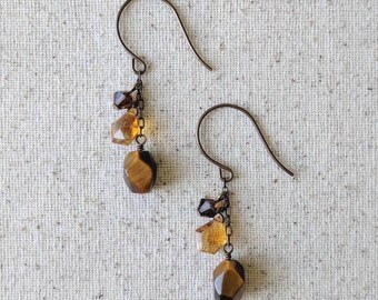 Honeycomb Earrings - Tiger Eye and Citrine Gemstone Dangling Cluster Earrings in Brass or Niobium