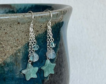 Halley Earrings - Aventurine and Labradorite Dangling Gemstone Shooting Star Earrings in Sterling Silver
