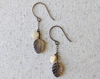 Chaparral Earrings - Mother of Pearl Shell Dangling Carved Leaf Earrings in Brass or Niobium