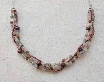 Etrusca Necklace - Woven Braided Multicolored Rutilated Quartz and Red Jasper Gemstone Necklace with Sterling Silver Chain