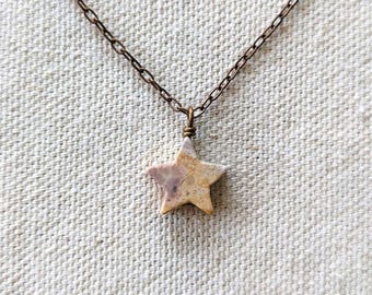 Stardust Necklace - Tiny Flower Jasper Carved Star Pendant on Delicate Antiqued Brass Chain