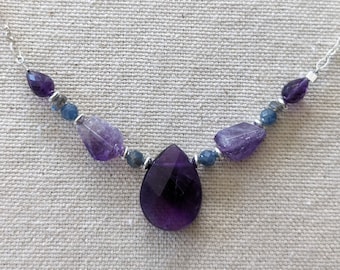 Celestial Necklace - Amethyst, Sapphire and Labradorite Delicate Gemstone Teardrop and Sterling Silver Chain Necklace