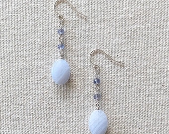 Dewdrop Earrings - Blue Lace Agate and Iolite Long Elegant Dangling Oval Drop Earrings in Sterling Silver