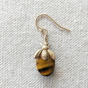 Honeybee Earrings - Cute Golden Brown Tiger Eye Gemstone Earrings with Dainty Bee Charm in Gold