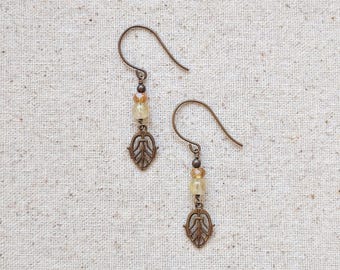Dogwood Earrings - Citrine and Golden Rutilated Quartz Gemstone Filigree Leaf Earrings in Brass or Niobium