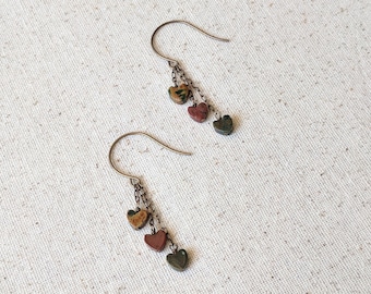 Hearts Aflutter Earrings - Bloodstone Dainty Multicolor Long Dangling Gemstone Heart Earrings - Cute Valentine's Gift