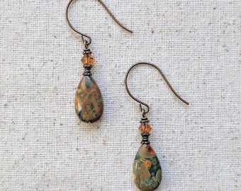 Cibola Earrings - Green Rhyolite Teardrop Gemstone and Crystal Earrings in Brass or Niobium