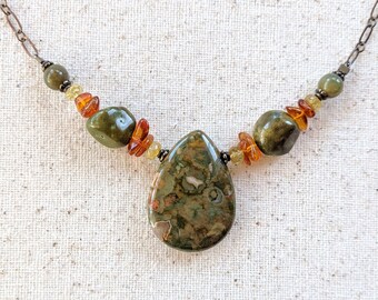 Cibola Necklace - Rhyolite, Turquoise and Amber Gemstone Teardrop Necklace in Antiqued Brass