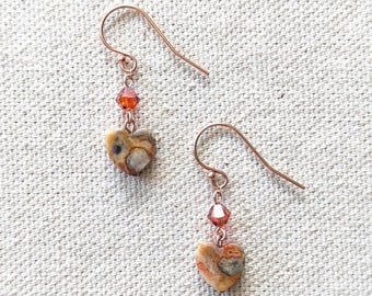 Anna Earrings - Crazy Lace Agate Gemstone Heart Earrings in 14k Rose Gold Fill