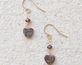 Anna Earrings - Pietersite and Garnet Dainty Gemstone Heart Earrings in 14k Gold Fill