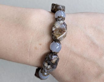 Tempest Sky Bracelet - Pietersite and Blue Chalcedony Chunky Gemstone Statement Bracelet with Ornate Filigree Accents in Antiqued Brass