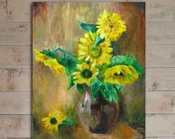 Bodegón de girasoles vibrantes: pintura floral expresiva.