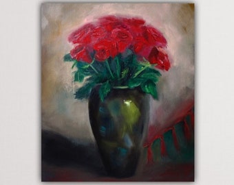 Pintura al óleo de rosas sobre lienzo de lino, bodegón floral (20 x 24)