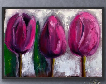 Original Tulips Oil Painting on Canvas, Abstract Floral Wall Art