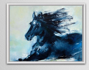 Black Horse Art Print, rennend paard muurkunst, abstract paard schilderij, cadeau voor paardenliefhebbers