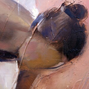 May include: Abstract painting with brown, pink, and black brushstrokes. The painting has a textured surface and appears to be oil on canvas.