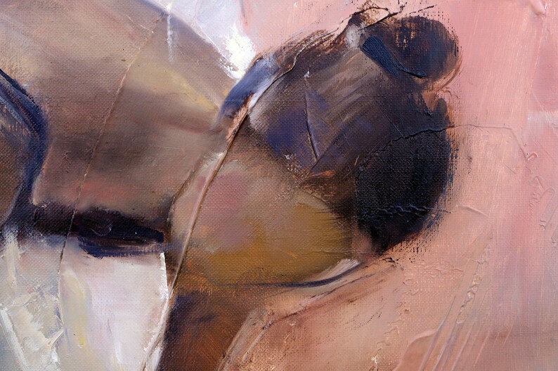 May include: Abstract painting with brown, pink, and black brushstrokes. The painting has a textured surface and appears to be oil on canvas.
