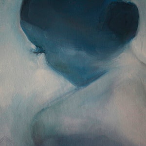 May include: Abstract painting with a blue and white color scheme. The painting features a large, dark blue shape in the upper left corner, which appears to be a cloud or a wave. The rest of the painting is a lighter blue and white, with a soft, hazy texture.