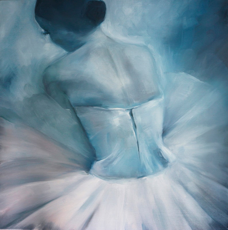 May include: A painting of a ballerina in a white tutu, with a blue background. The ballerina is facing away from the viewer, and her back is visible. The painting is done in a soft, impressionistic style.