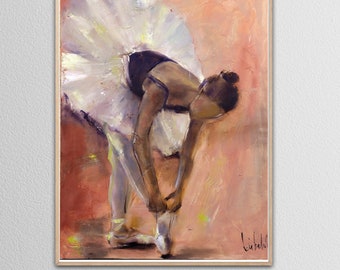 Ballerina Tying Pointe Shoes Fine Art Print from Original Oil Painting, Ballet Wall Art