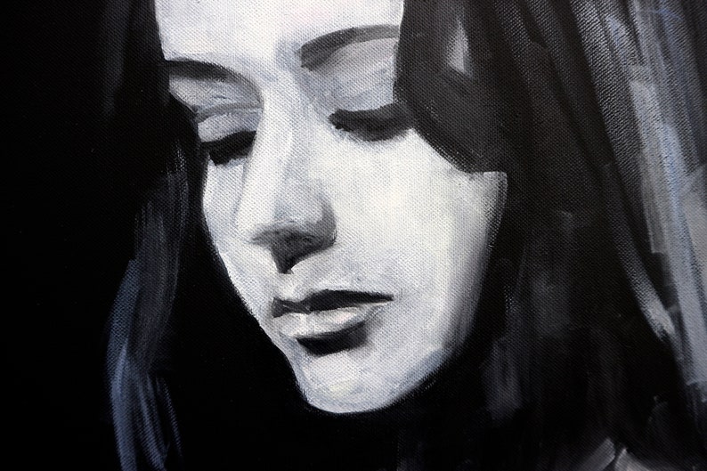 Woman portrait painting on Canvas Original Guitar painting Singer wall art Black and white image 4