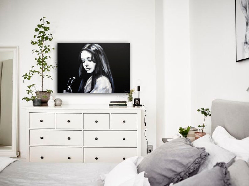 Woman portrait painting on Canvas Original Guitar painting Singer wall art Black and white image 6