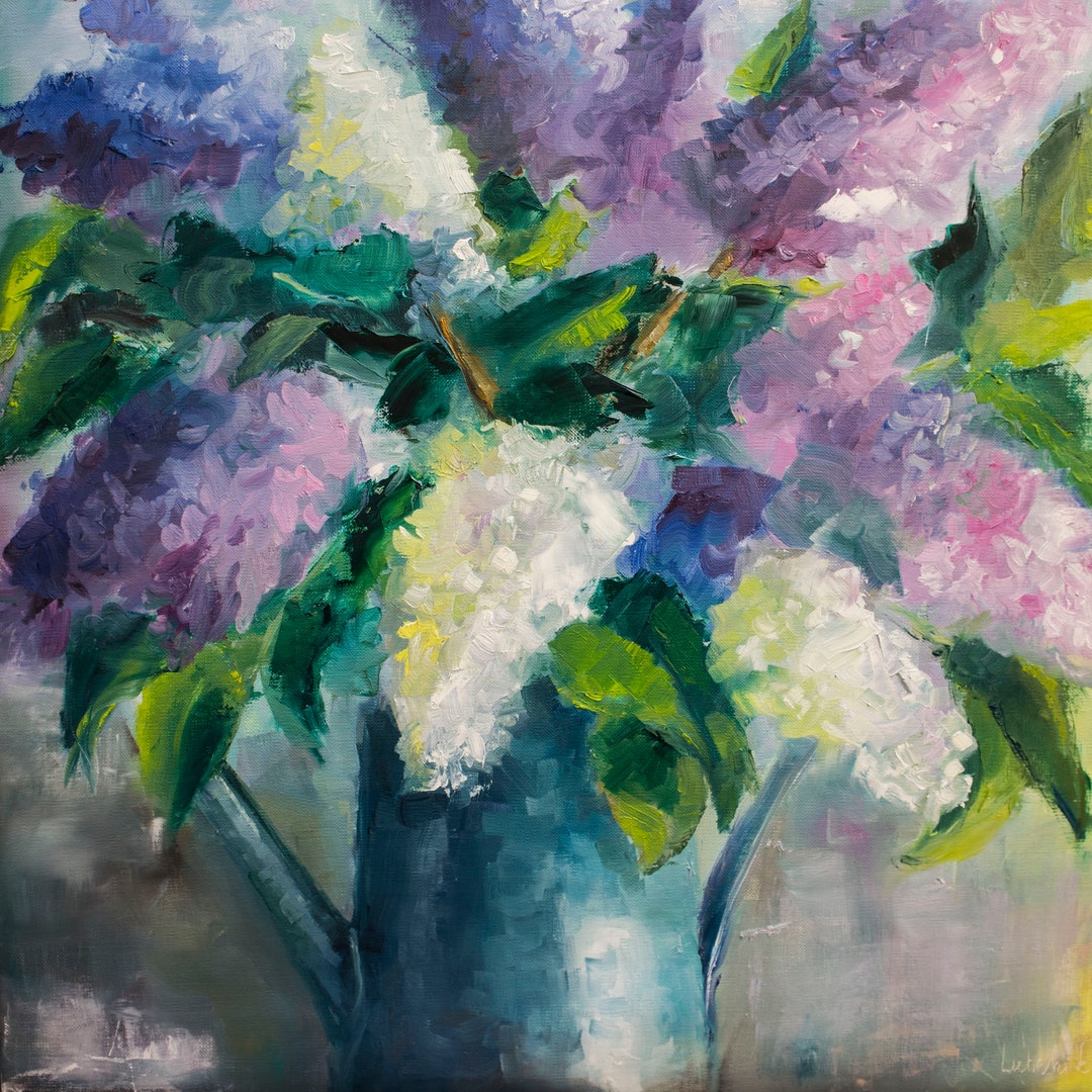 Original Lilac Oil Painting on Canvas, Floral Still Life Art (27x27 In ...