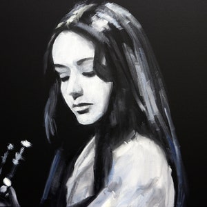 Woman portrait painting on Canvas Original Guitar painting Singer wall art Black and white image 2